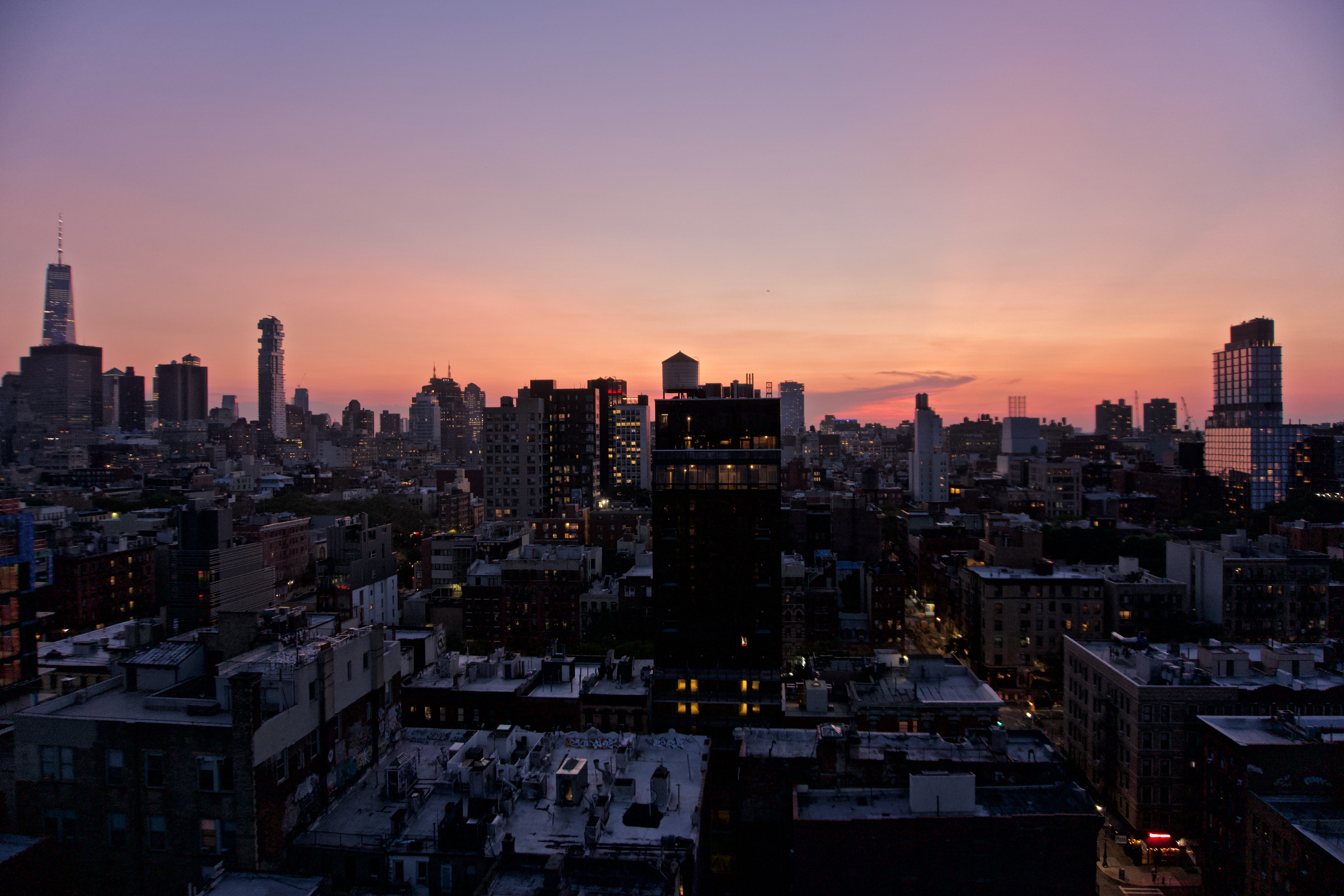 NYC water tower in sunset