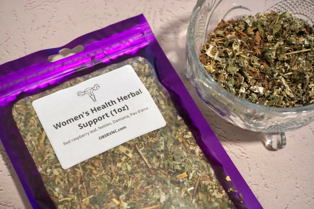 Women's Health Support Herbs: Red raspberry leaf, nettles, damiana, pau d'arco